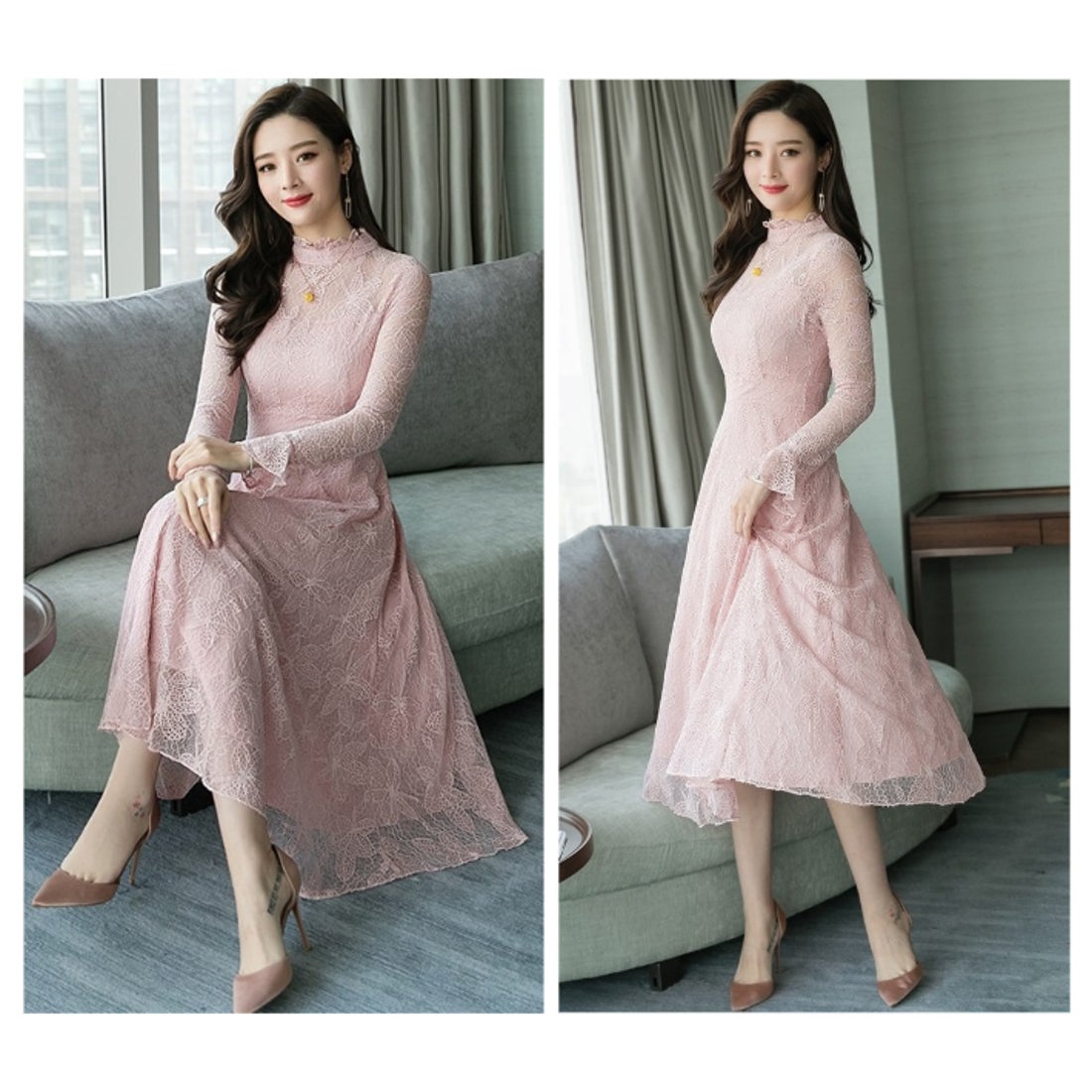 リリーオブバリー Lily of Valley 総レース ハイネック フレア