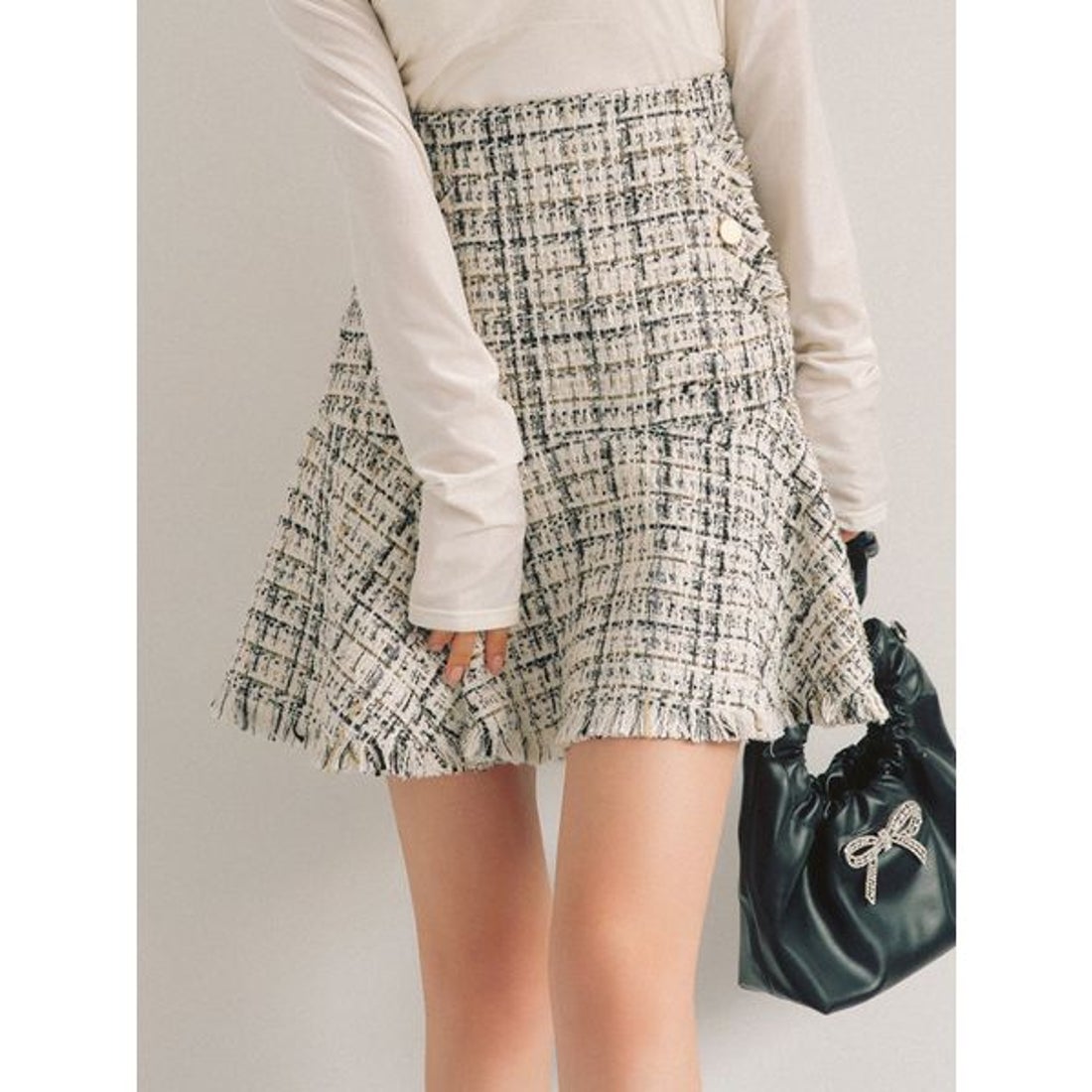 リリーブラウン LILY BROWN フリンジツイードミニスカート （GRN） -靴