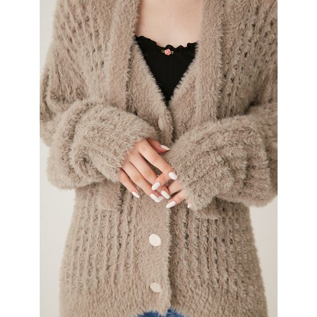 リリーブラウン LILY BROWN タイ付きルーズシャギーニットカーディガン