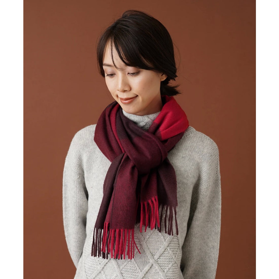 レリアン Leilian バイカラーカシミヤマフラー （レッド