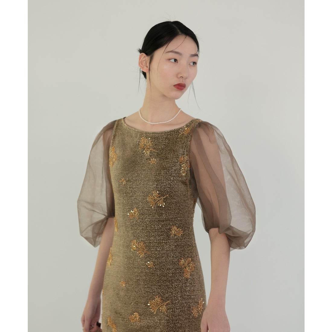 レジャ Leja シアーパフスリーブグリッターIラインドレスワンピース