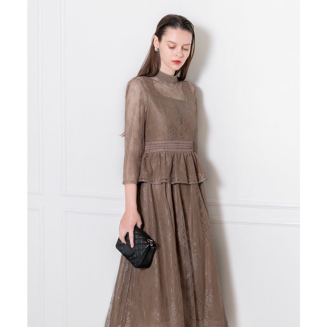 レジャ Leja ビスチェ風レース花柄透けフレア美脚効果ロングワンピース