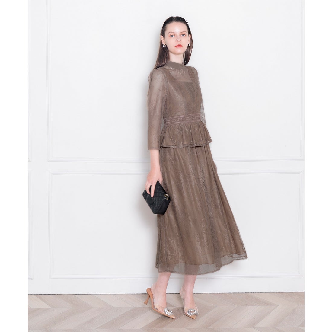 レジャ Leja ビスチェ風レース花柄透けフレア美脚効果ロングワンピース