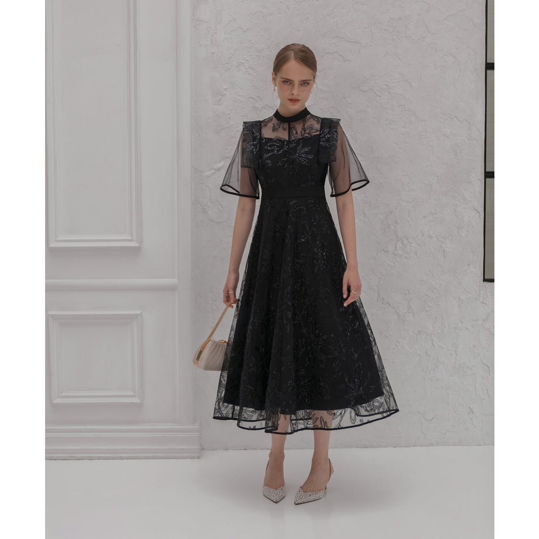 レジャ Leja フラップデザインフラワースパンコールAラインワンピース