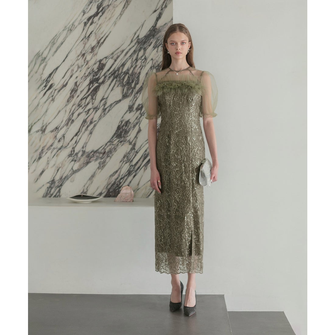 レジャ Leja チュールフラワースパンコールIラインワンピースドレス