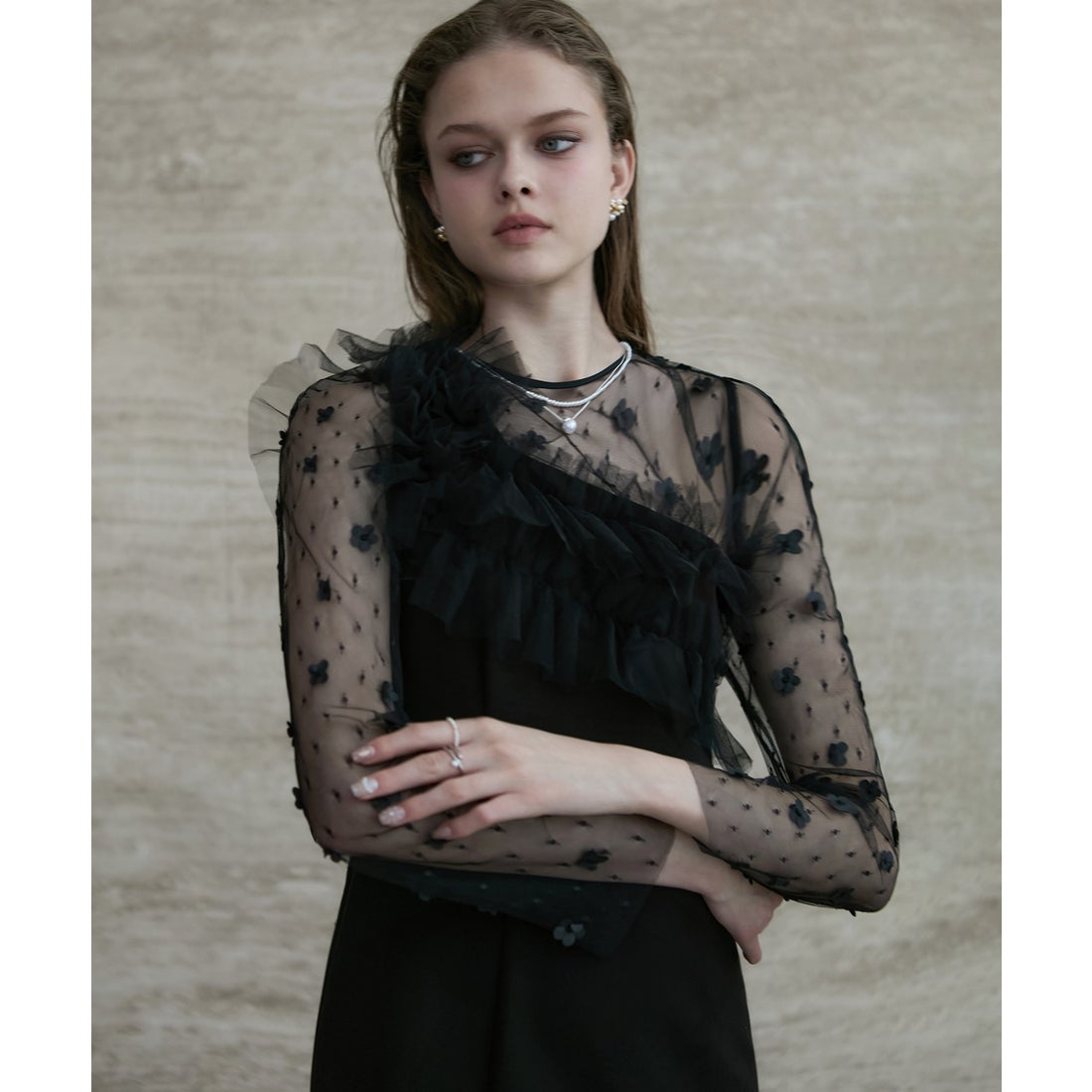 レジャ Leja フラワーモチーフアシンメトリーチュールマーメイド