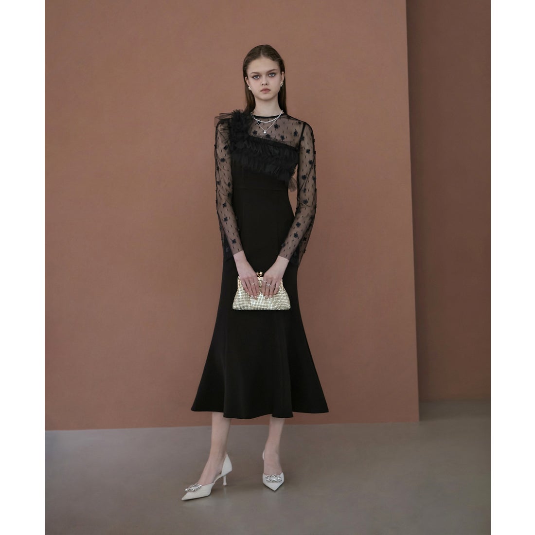 レジャ Leja フラワーモチーフアシンメトリーチュールマーメイド