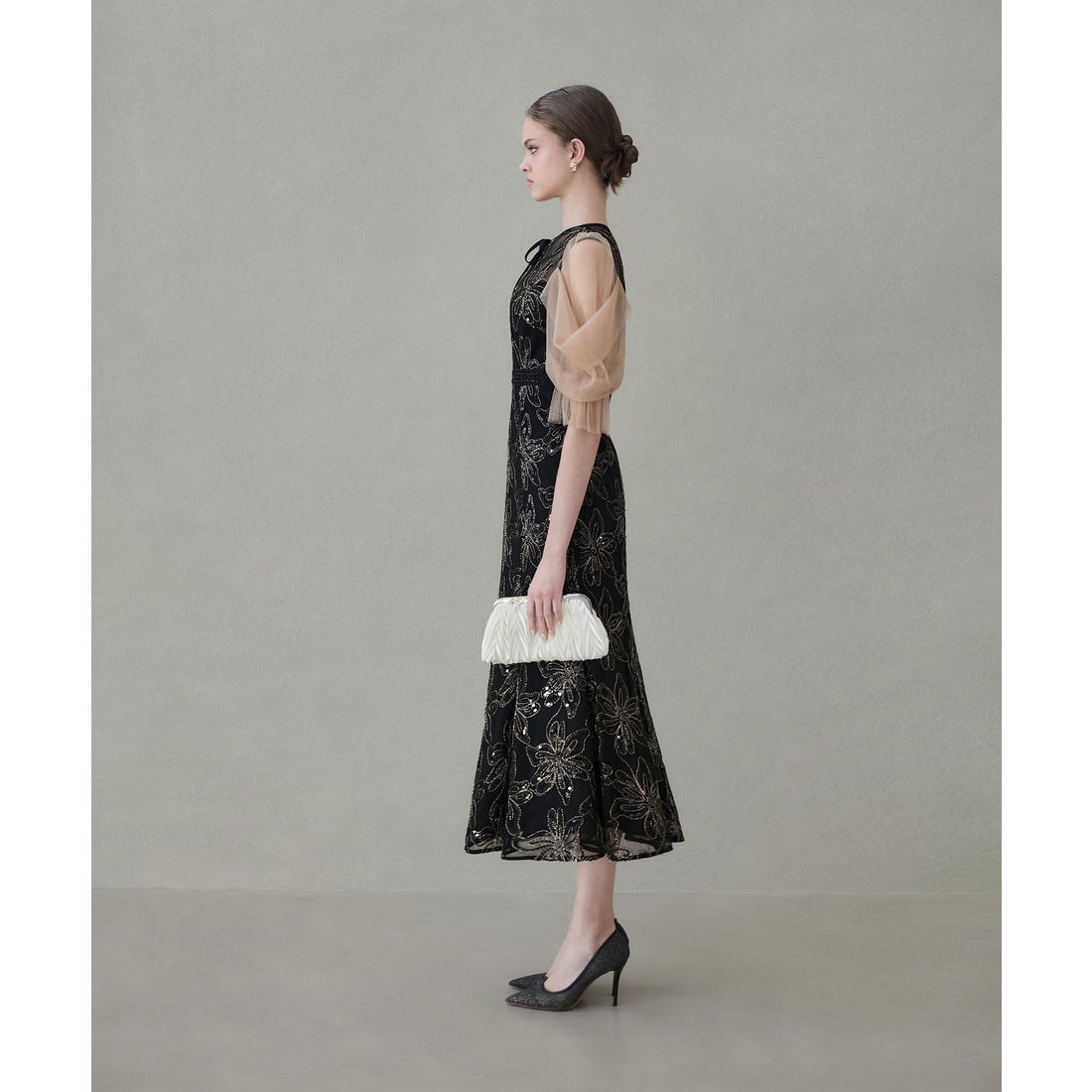 レジャ Leja スパンコールフラワーリボンチュールワンピースドレス