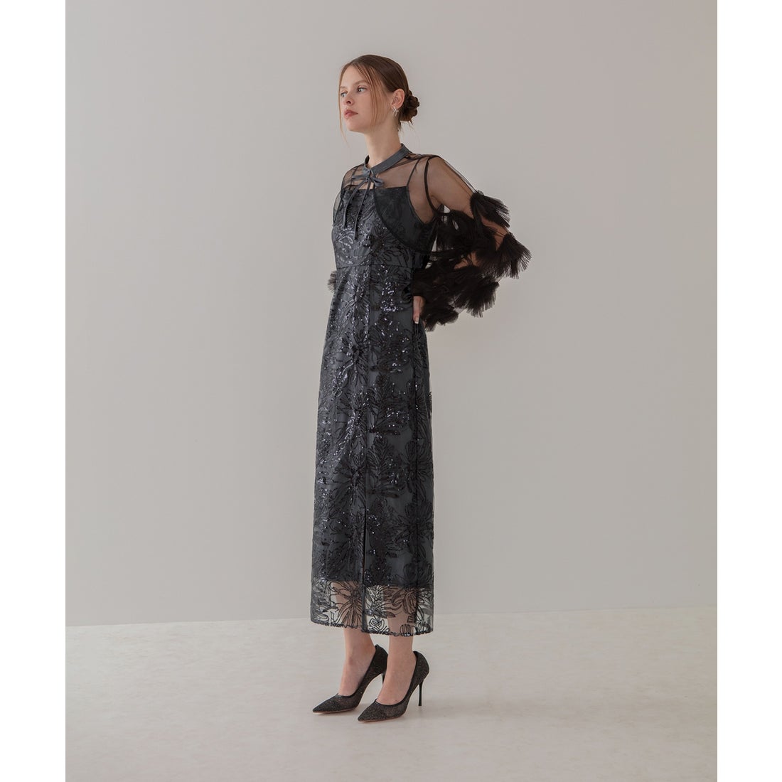 レジャ Leja フリルチュールスリーブリボンIラインワンピースドレス2点