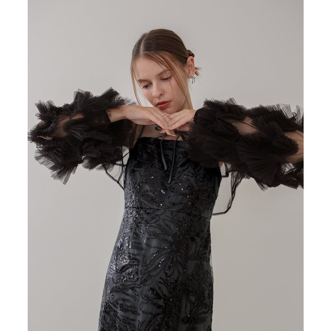 レジャ Leja フリルチュールスリーブリボンIラインワンピースドレス2点