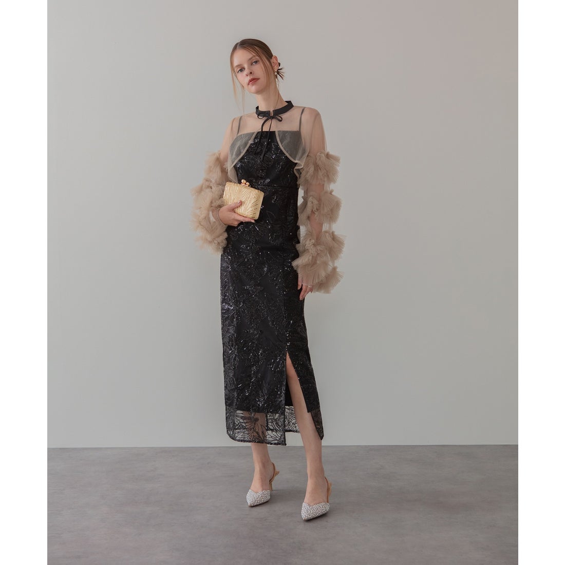 レジャ Leja フリルチュールスリーブリボンIラインワンピースドレス2点