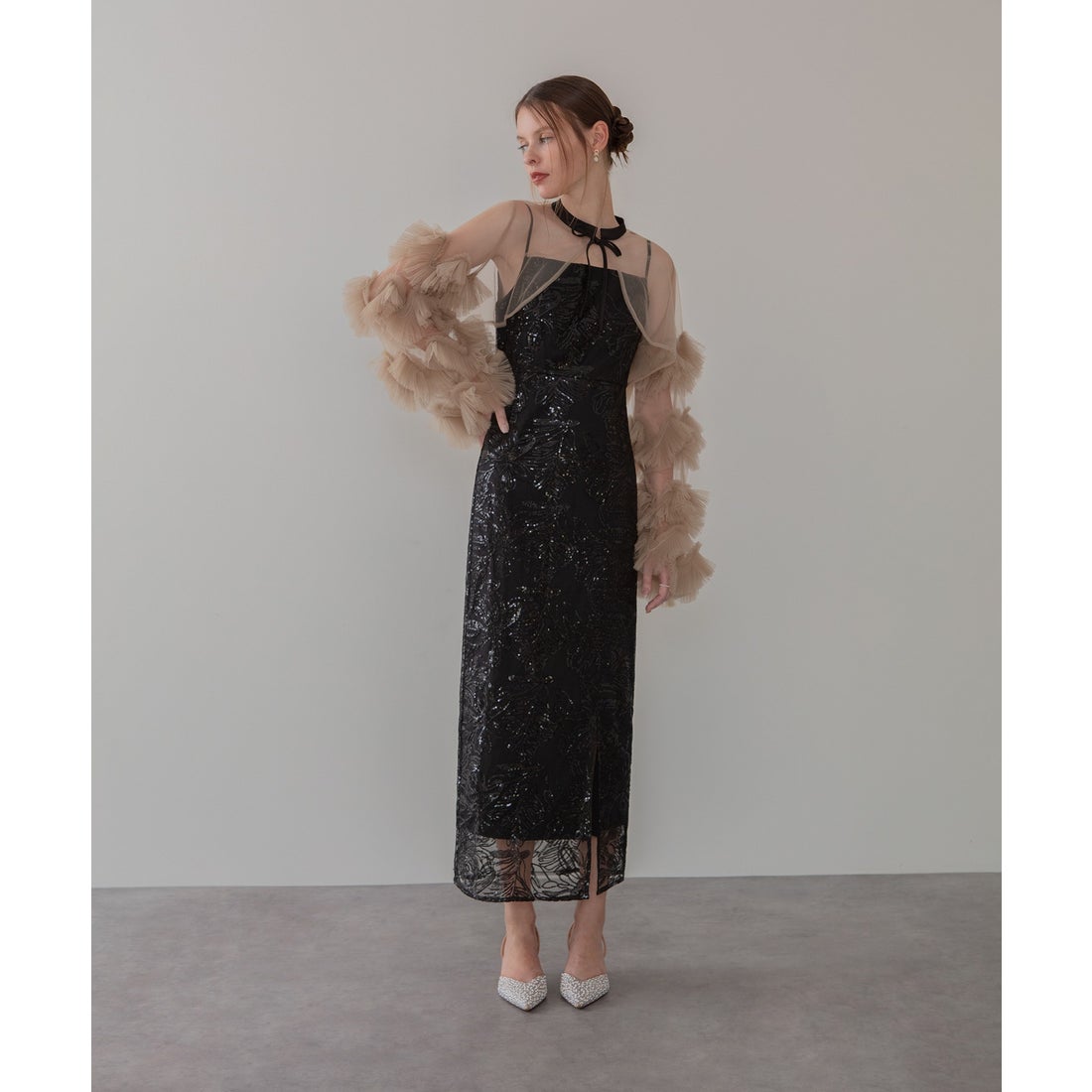 レジャ Leja フリルチュールスリーブリボンIラインワンピースドレス2点