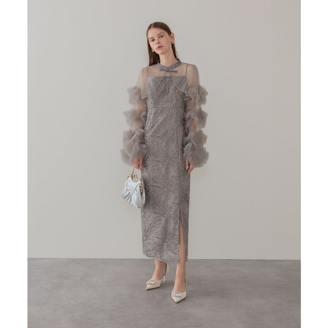 レジャ Leja フリルチュールスリーブリボンIラインワンピースドレス2点