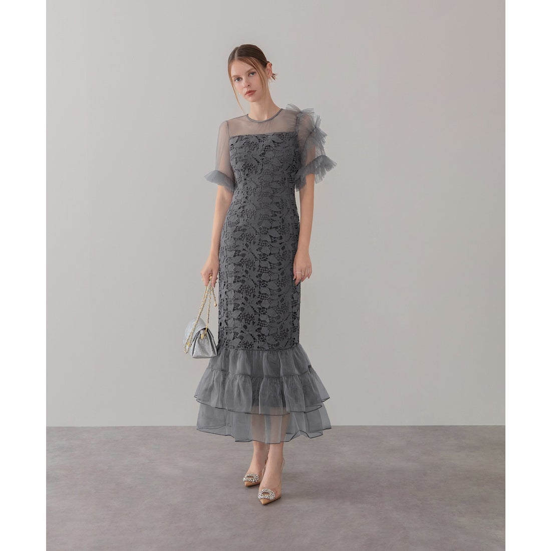 レジャ Leja アシンメトリーチュールスリーブレースフリルヘムIライン