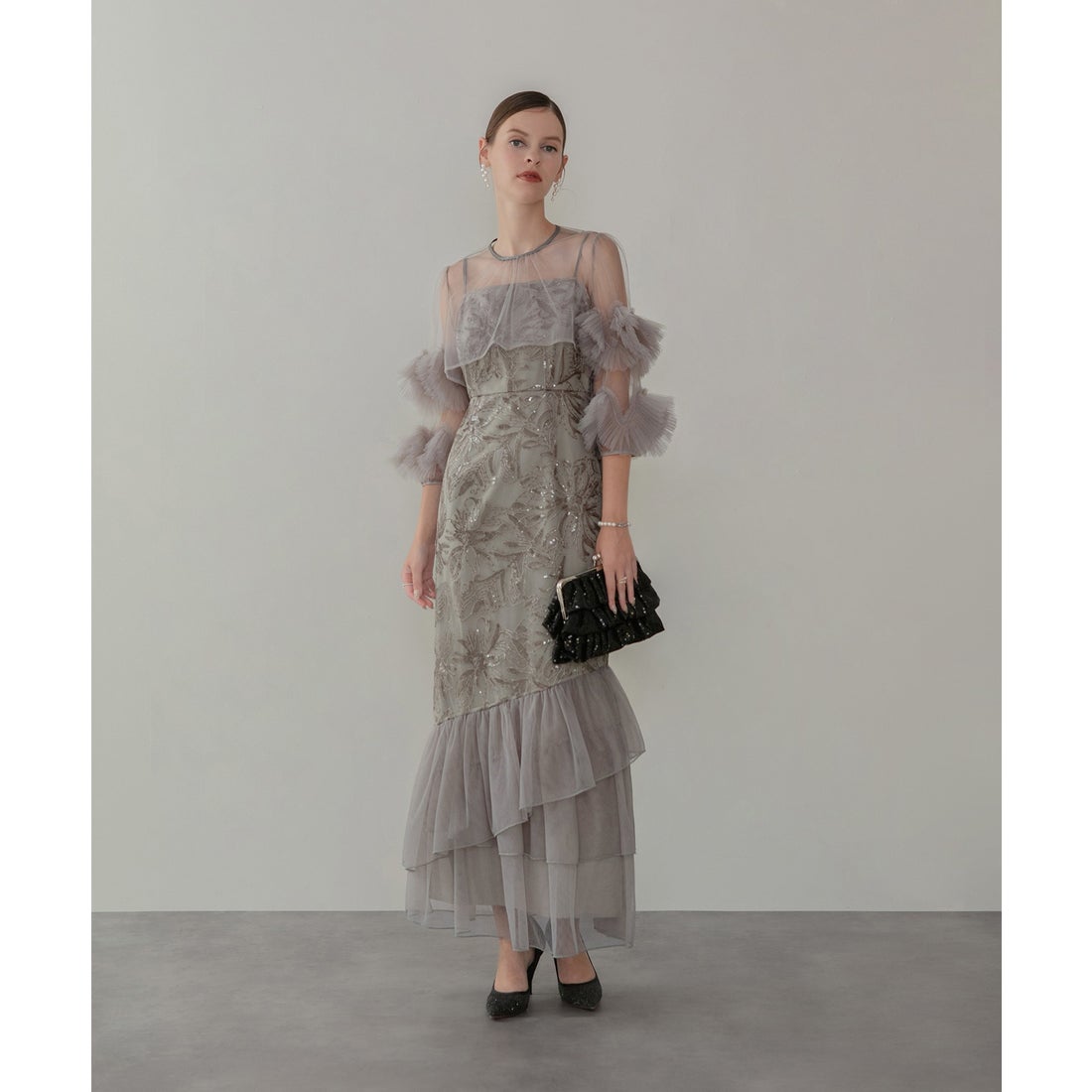 レジャ Leja フラワースパンコールチュールフリルスリーブIライン