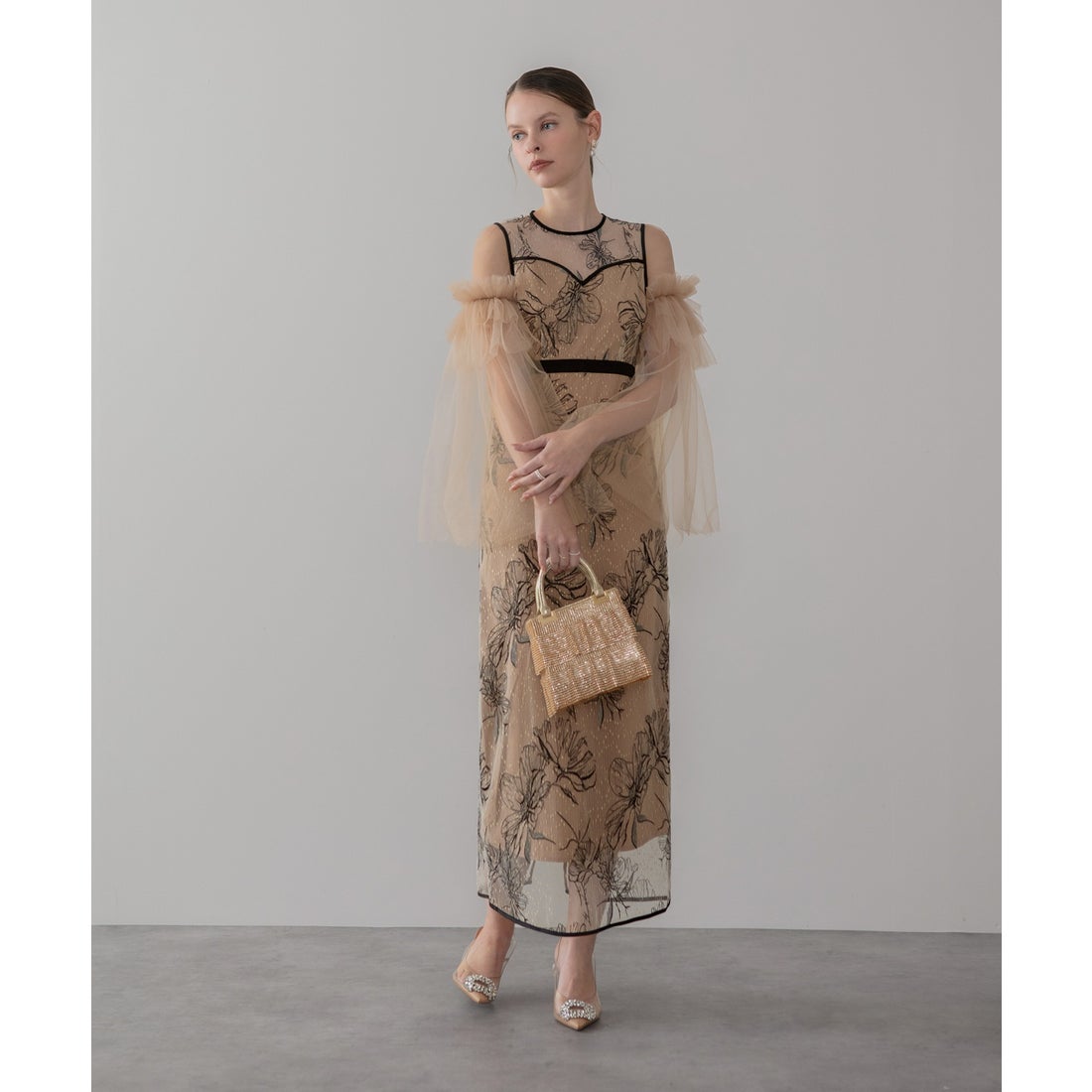 レジャ Leja フラワーチュールフリルスリーブIラインワンピースドレス