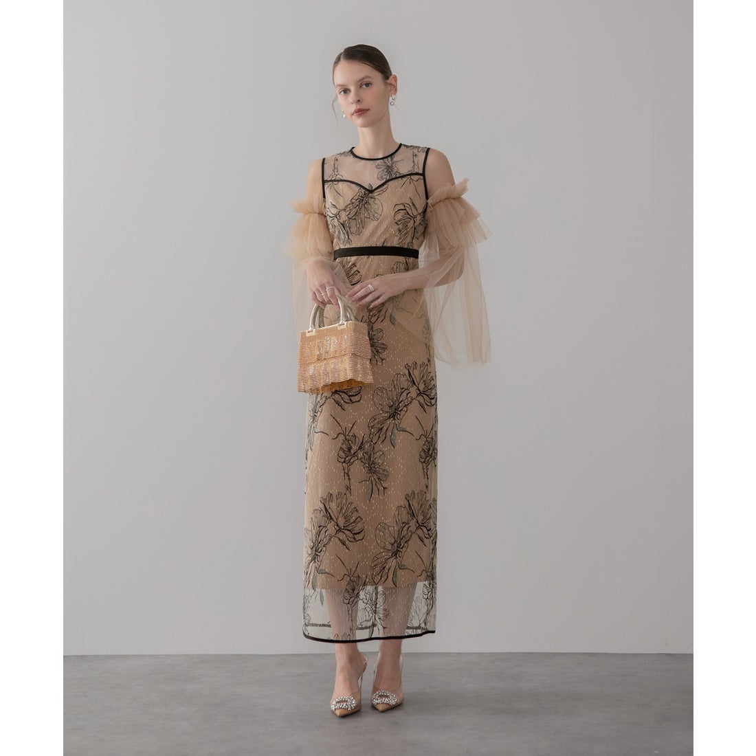 レジャ Leja フラワーチュールフリルスリーブIラインワンピースドレス