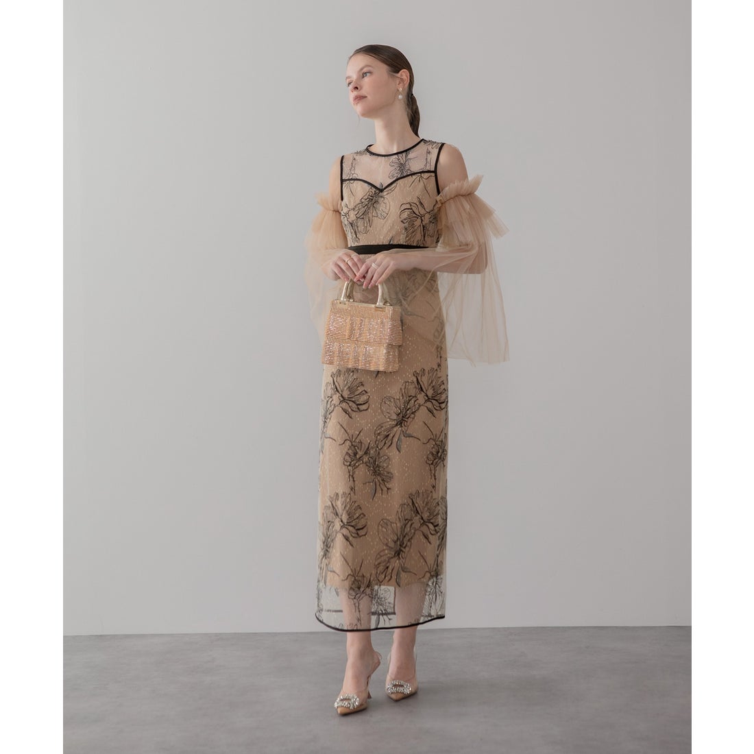 レジャ Leja フラワーチュールフリルスリーブIラインワンピースドレス