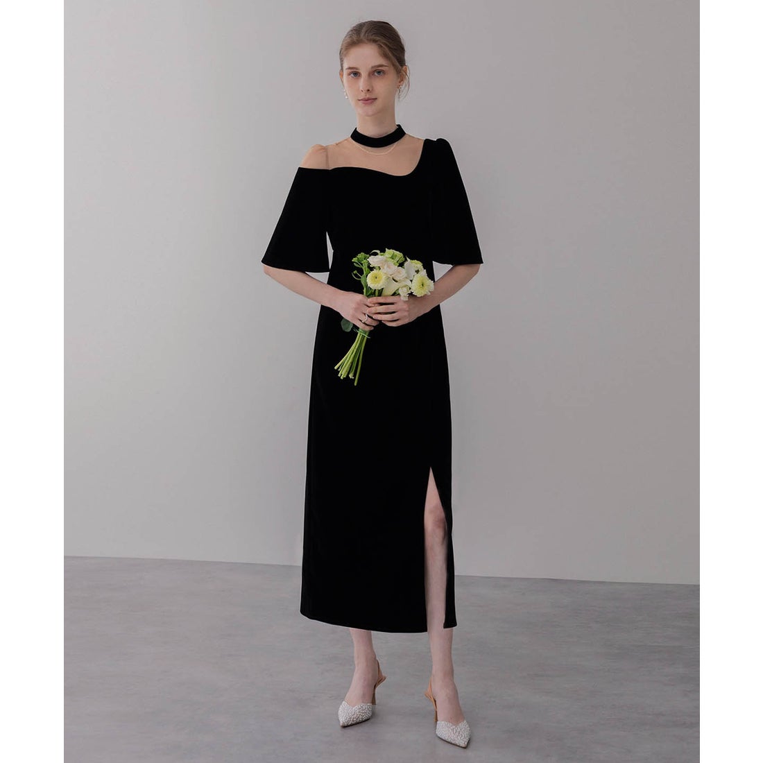 レジャ Leja 花柄刺繍スパンコールベロアスリットIラインドレス美脚