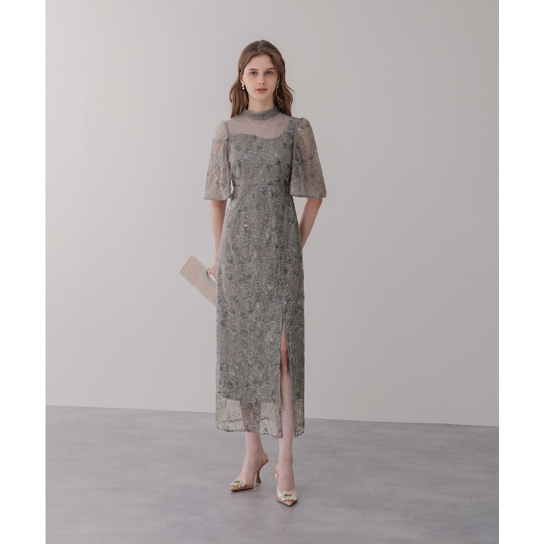 レジャ Leja 花柄刺繍スパンコールベロアスリットIラインドレス美脚