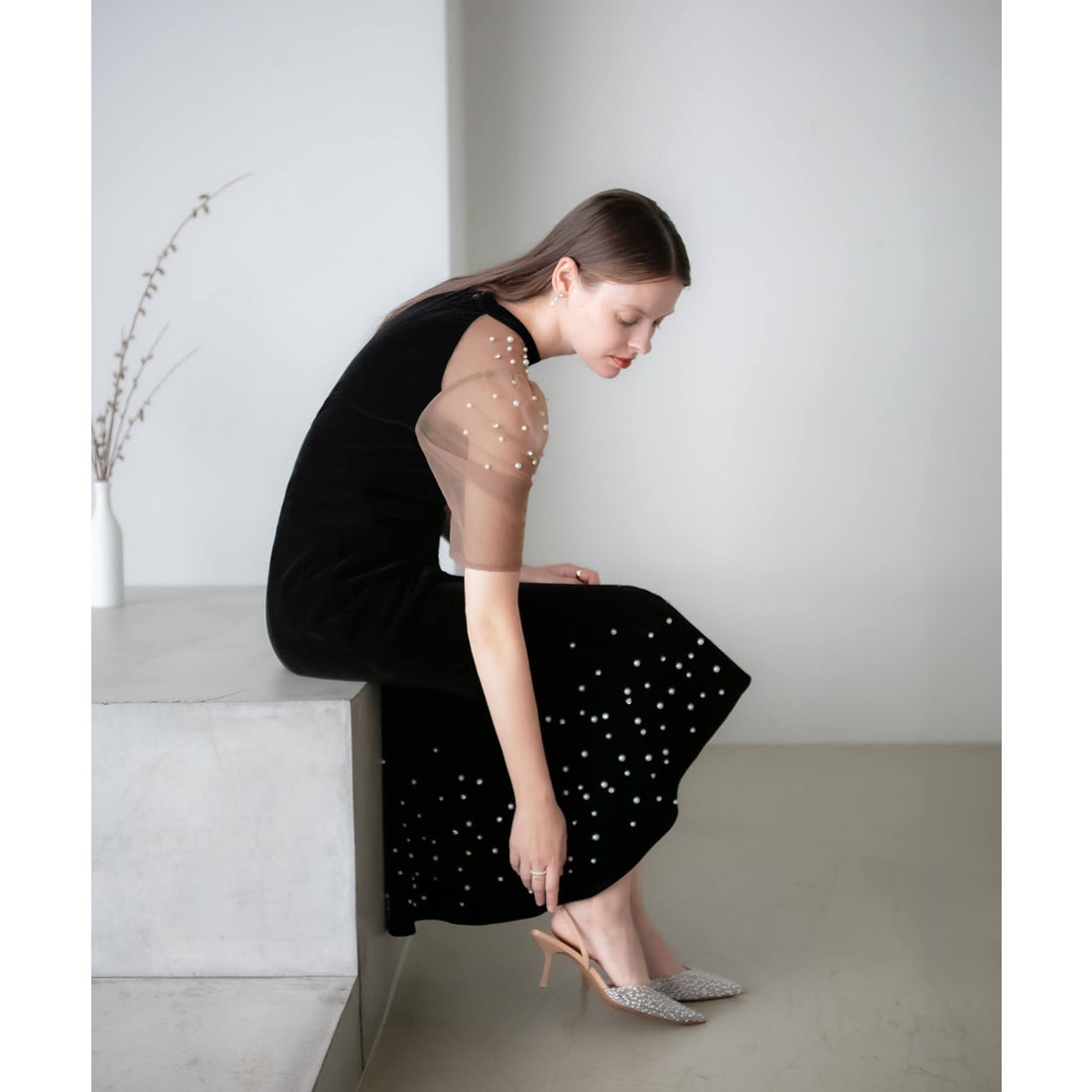 レジャ Leja シアースリーブパールビジューベロアマーメイドドレス美脚