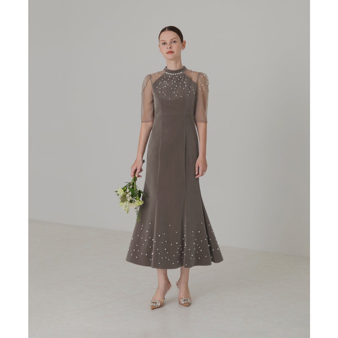 レジャ Leja シアースリーブパールビジューベロアマーメイドドレス美脚