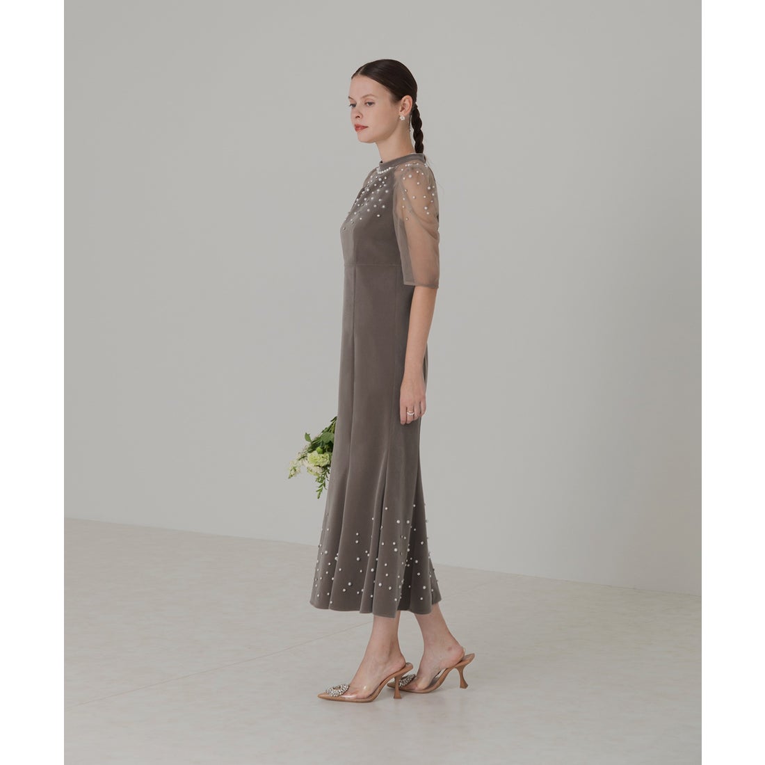 レジャ Leja シアースリーブパールビジューベロアマーメイドドレス美脚