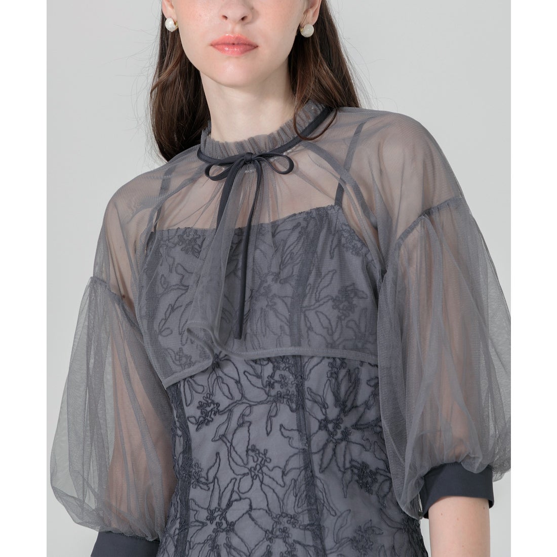 レジャ Leja リボン付きパフスリーブシアーボレロ刺繍レースマーメイド