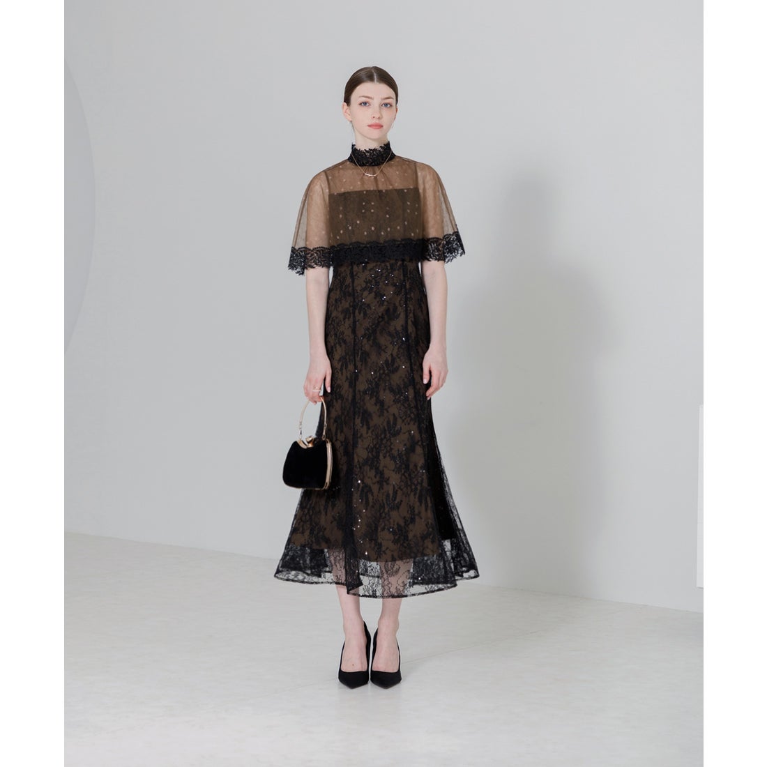 レジャ Leja ハイネック花柄レースマーメイドフレアロングドレス美脚