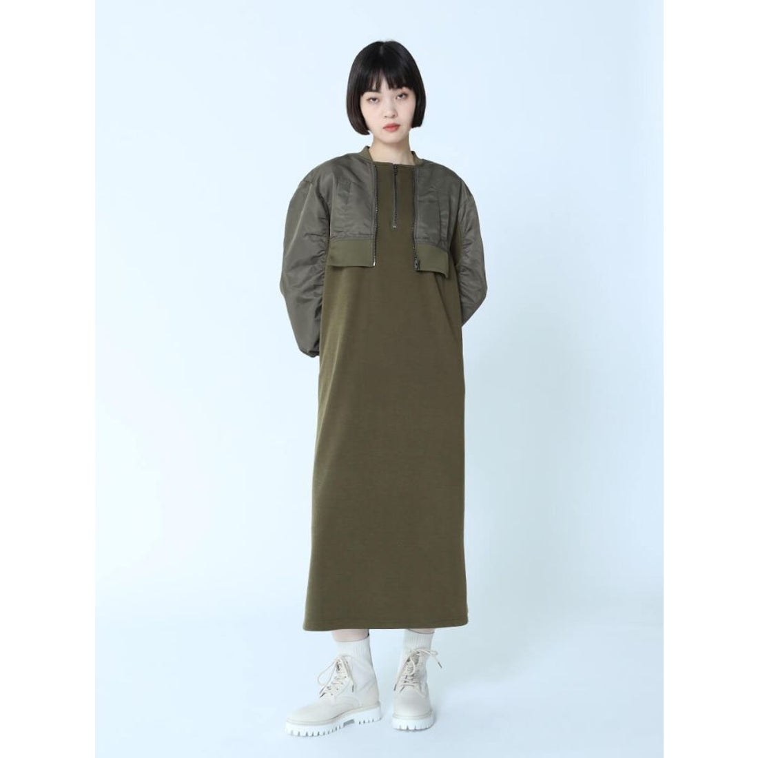 ラシュッド LASUD ブルゾンレイヤードワンピース （カーキ