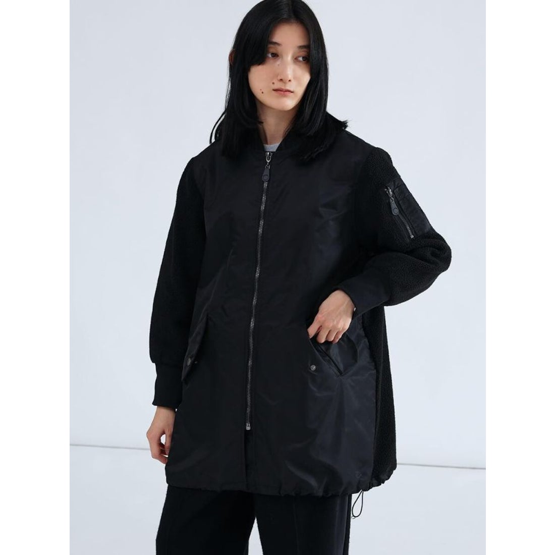 ラシュッド LASUD 異素材ドッキングミリタリーロングコート （ブラック