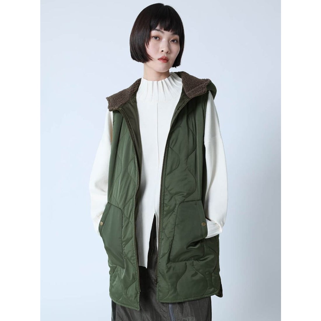 ラシュッド LASUD フードボアキルティングベスト （カーキ