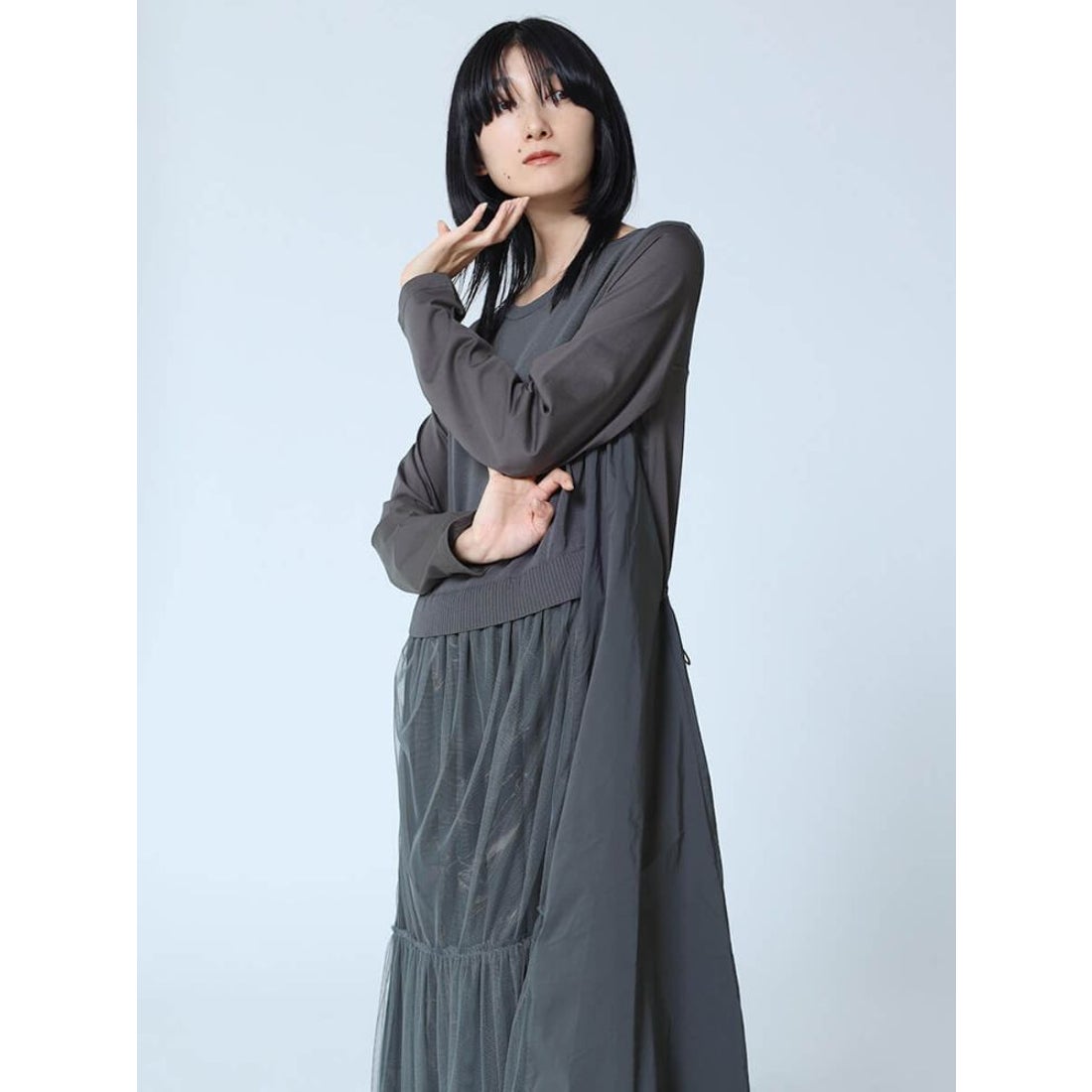 ラシュッド LASUD シアーレイヤードワンピース （チャコールグレー