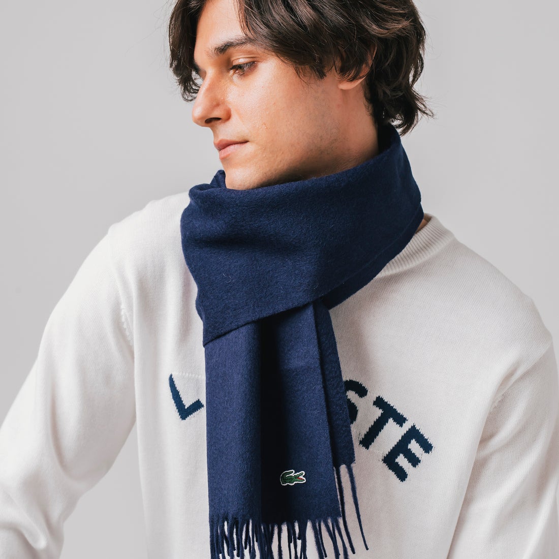 ラコステ LACOSTE ウールフリンジマフラー （ネイビー） -ファッション