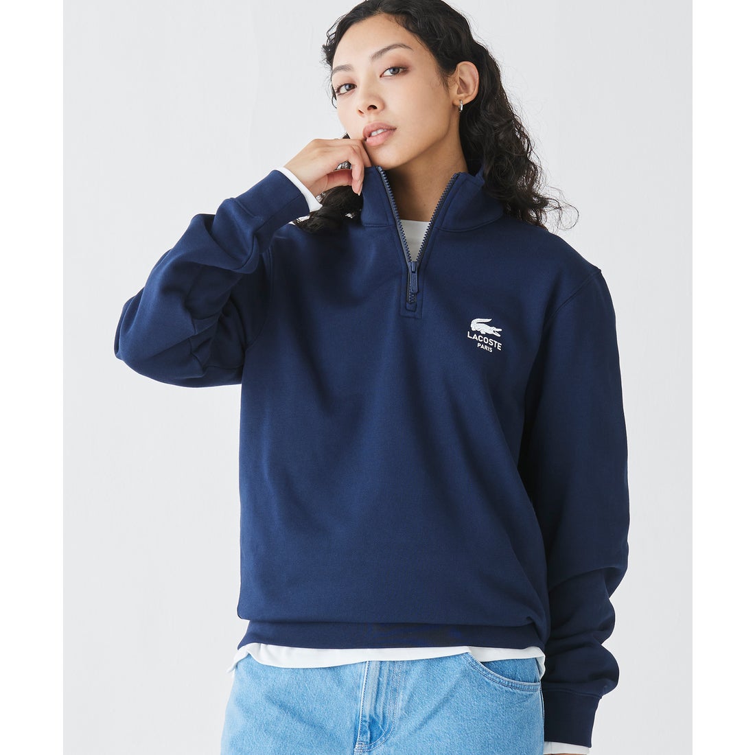 ラコステ LACOSTE 裏パイル地 ワンポイントプリントハーフジップ
