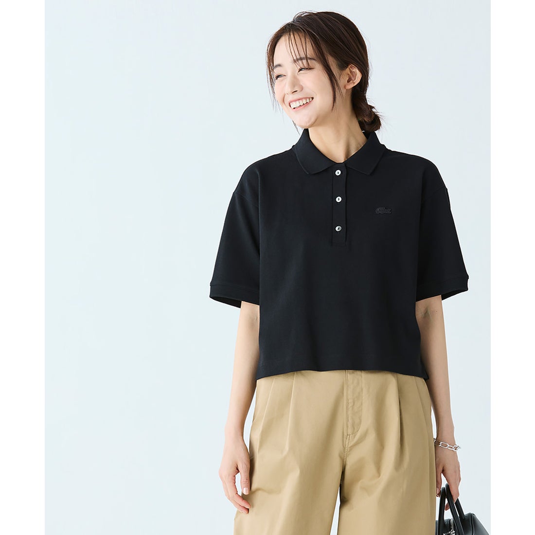 ラコステ LACOSTE クロップドポロシャツ （ブラック） - ファッション