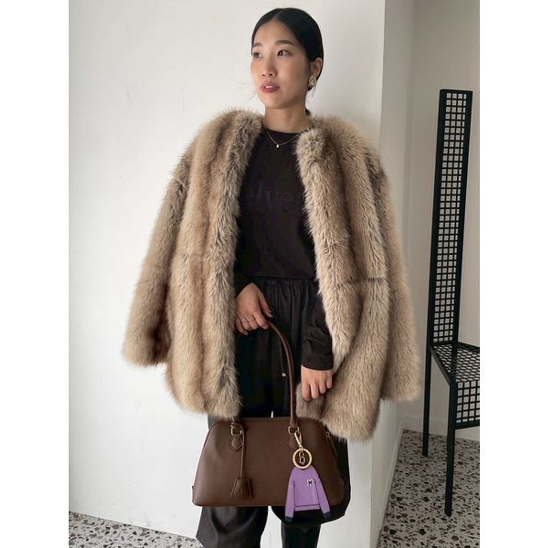 ミラ オーウェン Mila Owen マルチマテリアルノーカラーファーコート