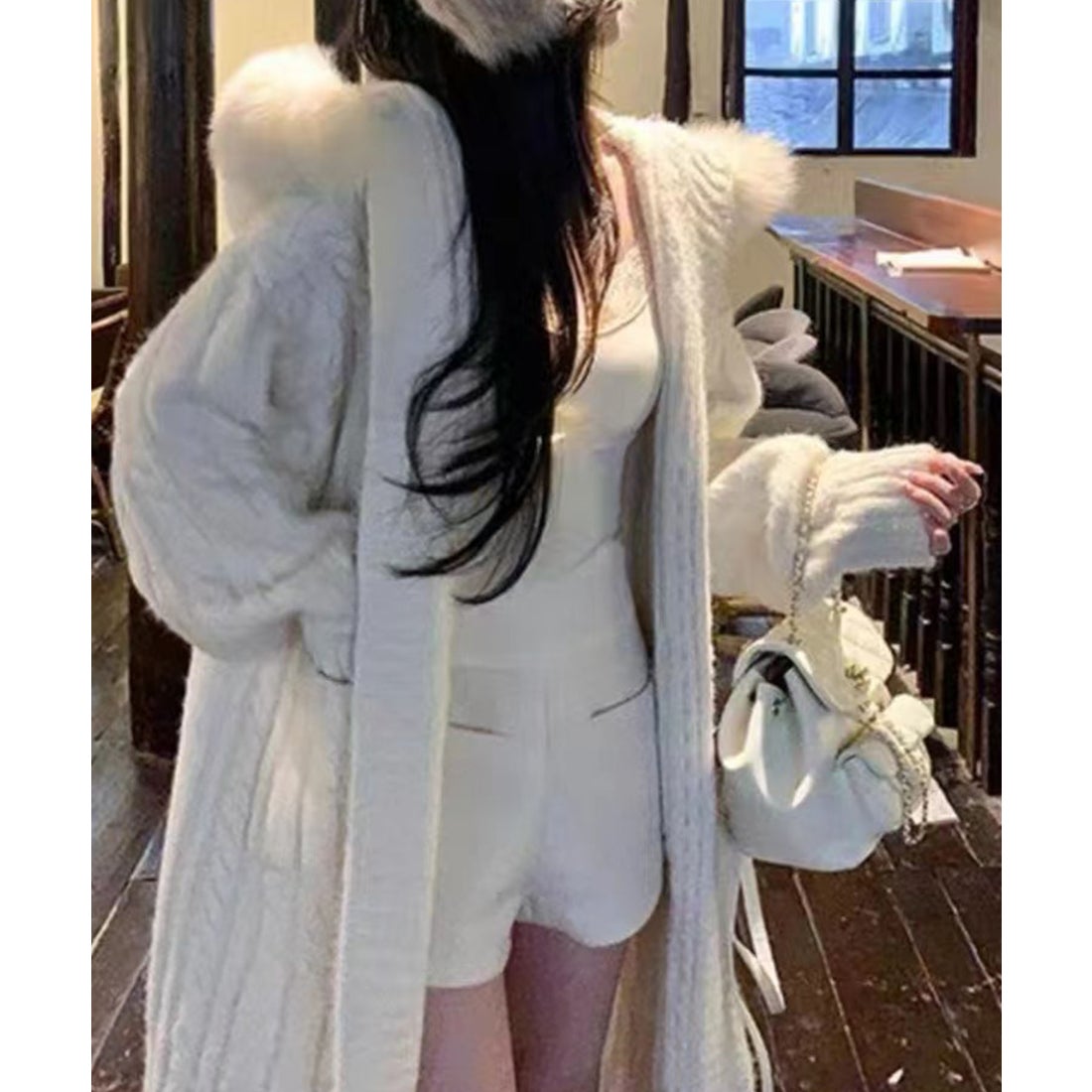 ミージェーン me Jane フードファー付ロングカーディガン （ホワイト