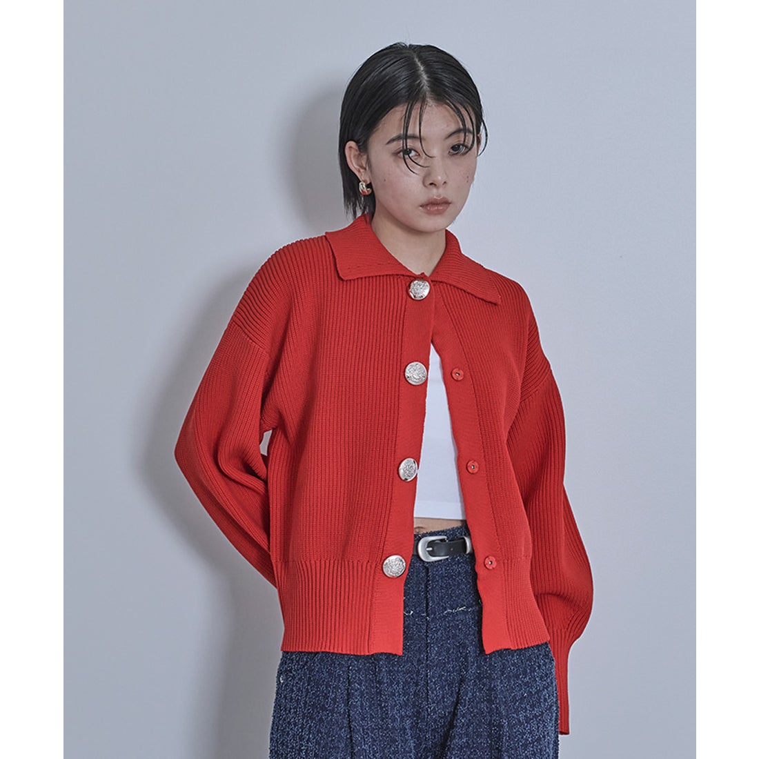 ミエット miette BIGボタン襟付きニットカーディガン （レッド