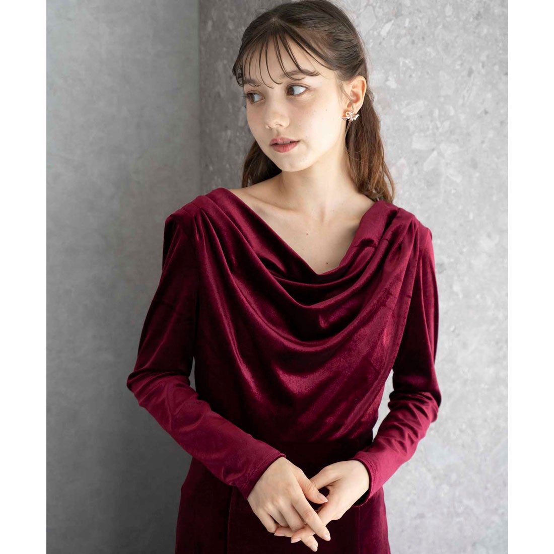 ノエラ NOELA ドレープベロアワンピ （ボルドー） - ファッション通販