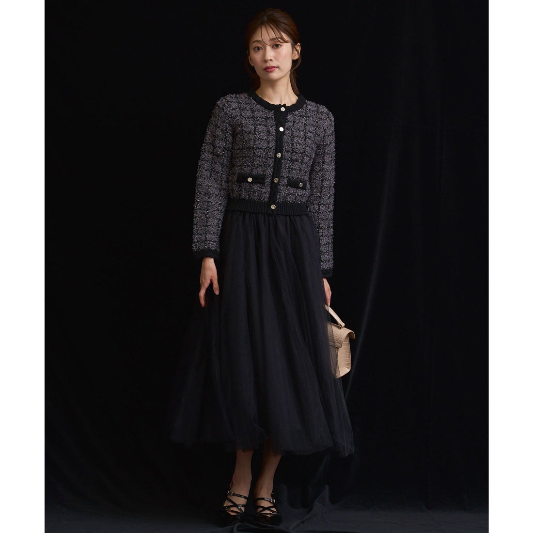 ノエラ NOELA ツイードチュールドッキングワンピース （ブラック） -靴