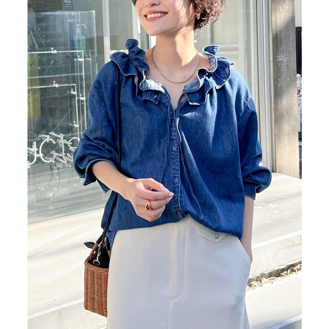 リエミラー Rie Miller フリルギャザーデニムブラウス （インディゴ