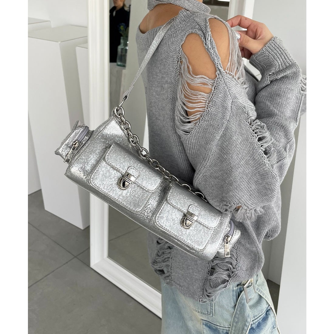 キラキラショルダーバッグ☆シルバー☆取り外し可能なチェーン付き