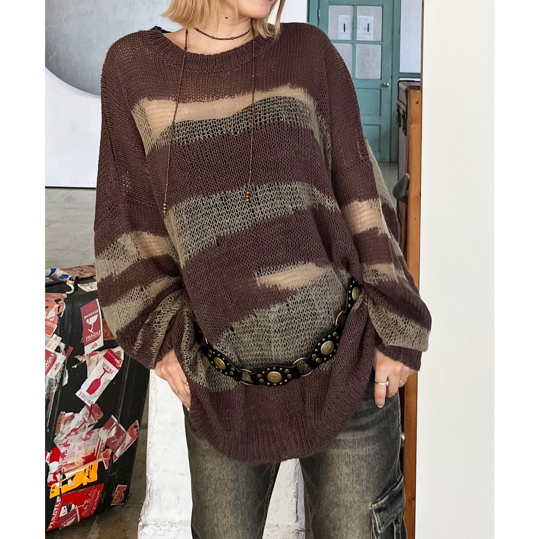 スパイラルガール SPIRALGIRL ゼブラ柄透かし編みニット （ブラウン