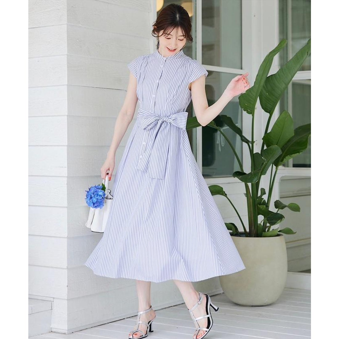 スウィングル SWINGLE スタンドカラーフレンチスリーブストライプ