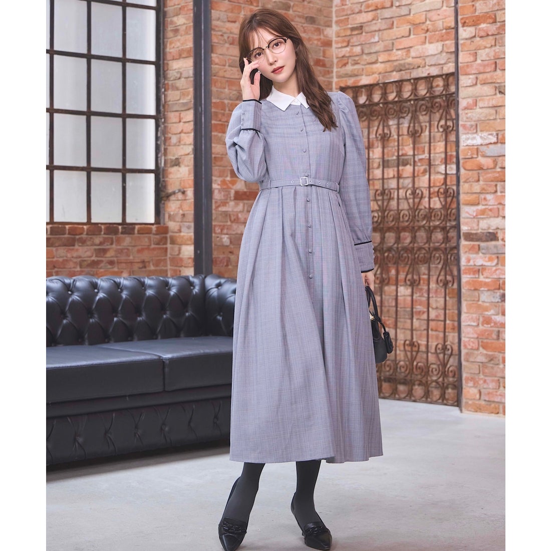 スウィングル SWINGLE バイカラー衿パイピングタックフレアシャツ