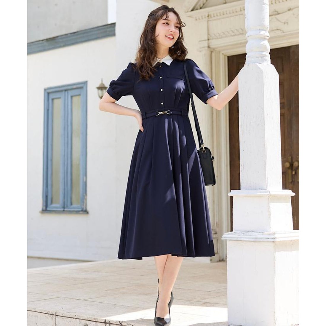 スウィングル SWINGLE バックルベルト付きバイカラーシャツワンピース