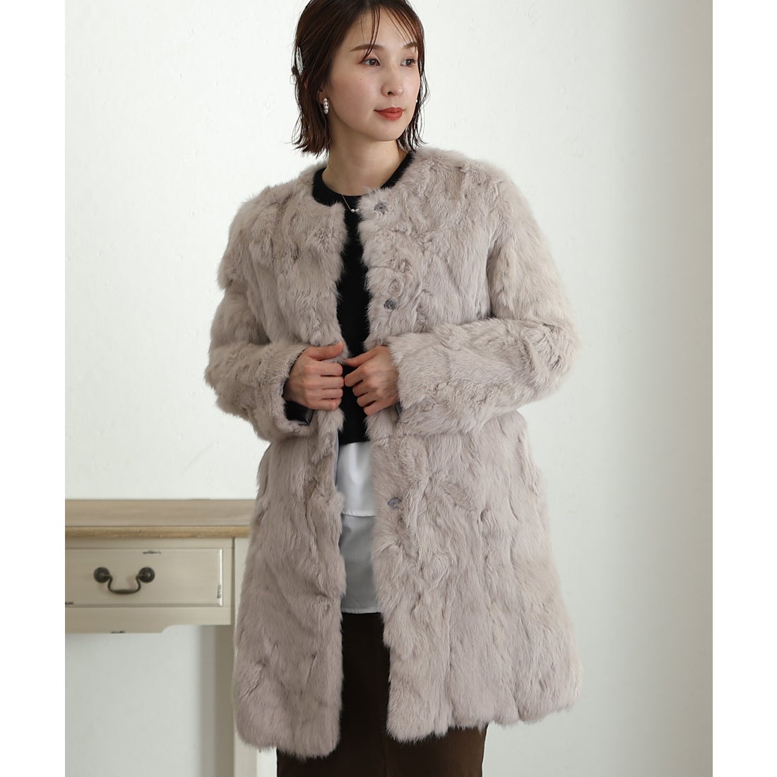 プールヴー PourVous ラビットファーコート （ライトグレー） -靴