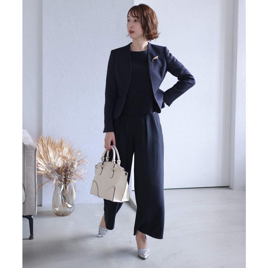 プールヴー PourVous ラメツイードワイドパンツスーツ3点セット