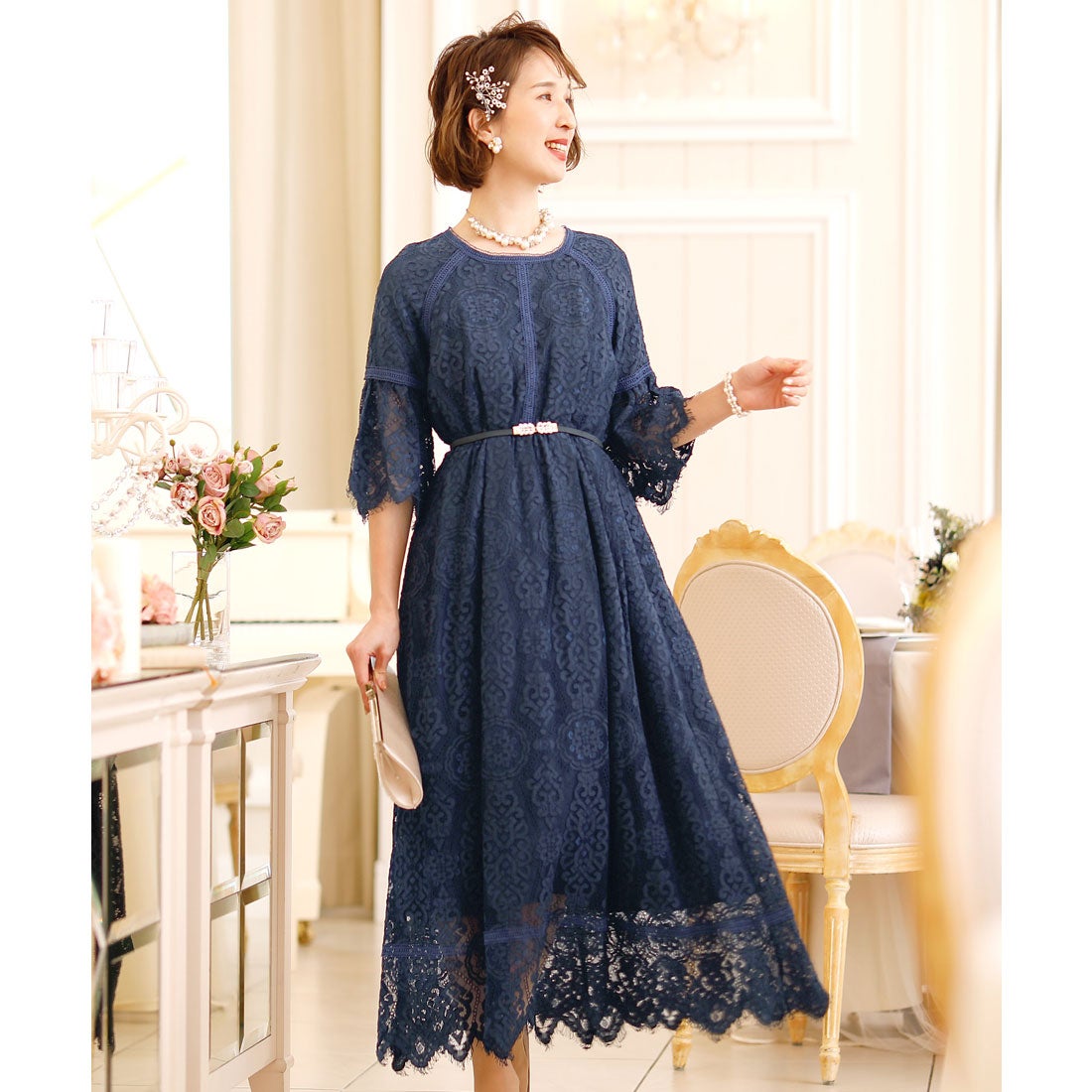 プールヴー PourVous 七分袖&ロングワンピースドレススカラップ